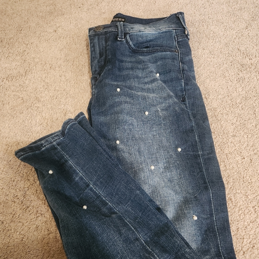 Express Women's Dark Blue Skinny Jeans with Pearl Studs